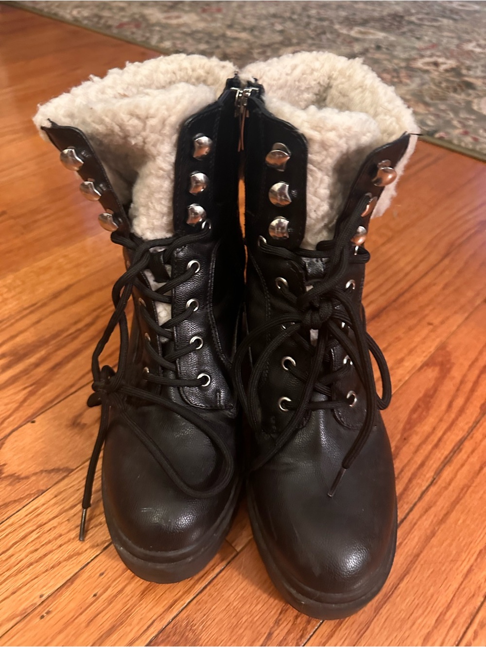 Women's Black Faux-Shearling Lace-Up Winter Boots